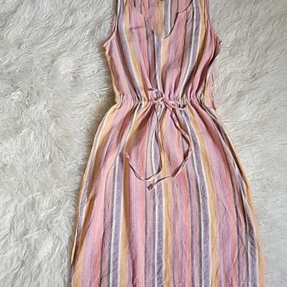 Anthropologie Drew Striped Linen Blend Sleevess Shirt Dress w/ Drawstring Waist